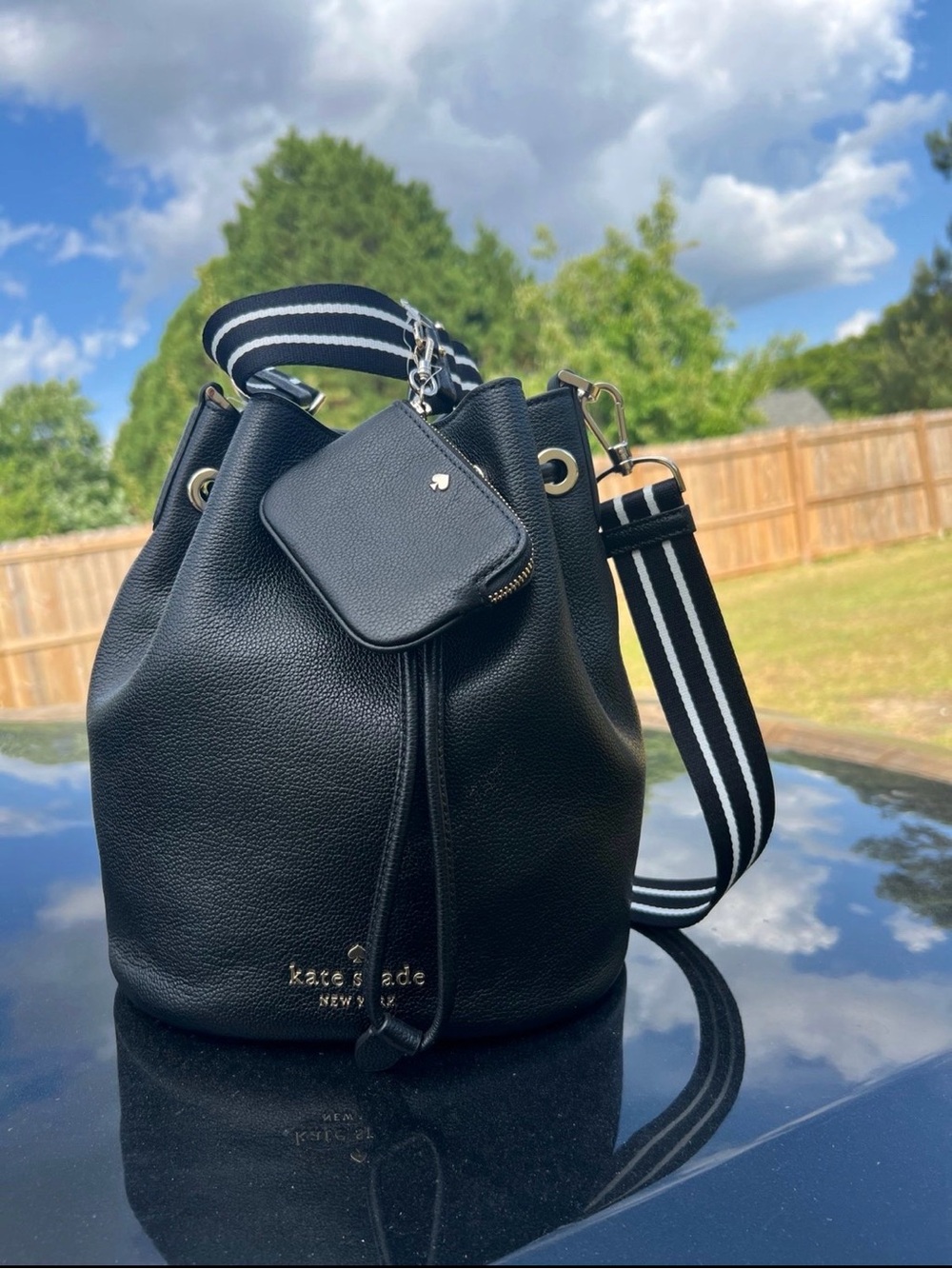 kate spade Black Leather Drawstring Bucket Bag with Stripe Strap